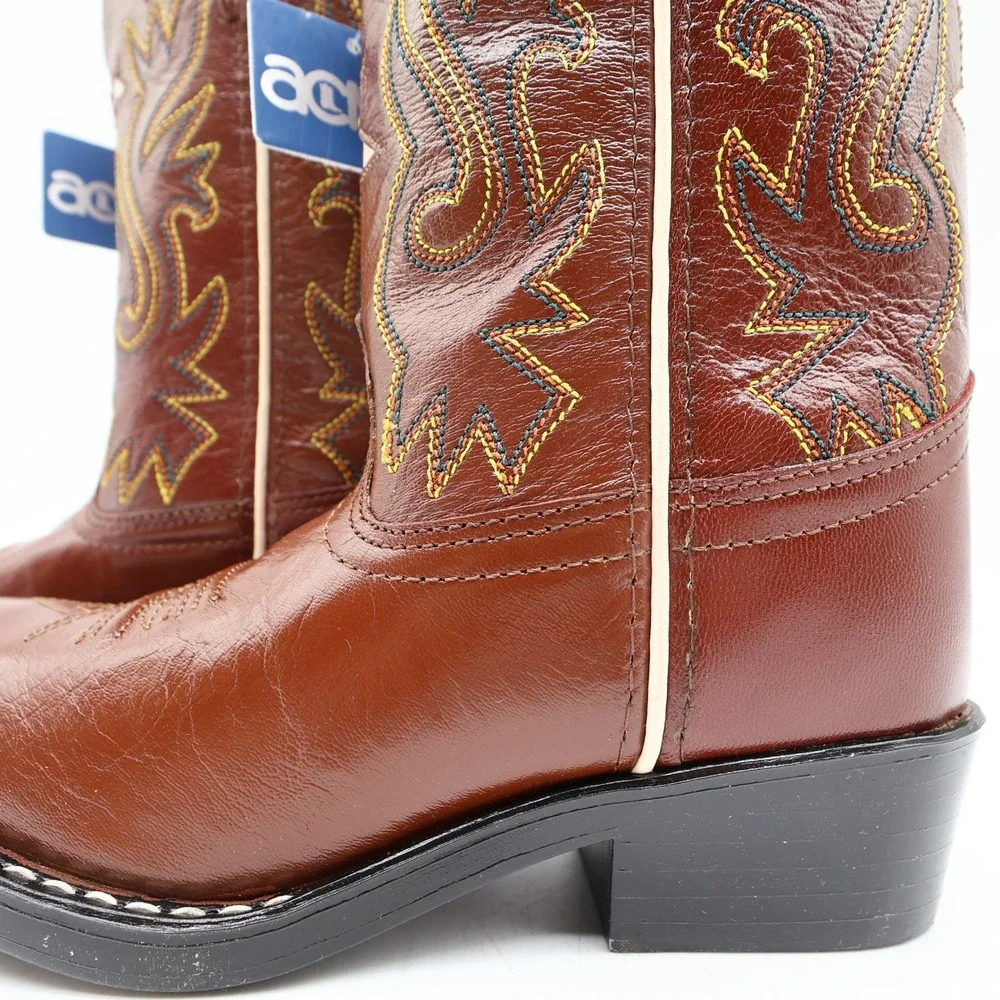 Acme Western Boots Childs 1 D Brown Star Inlay Leather New In Box Vintage Style